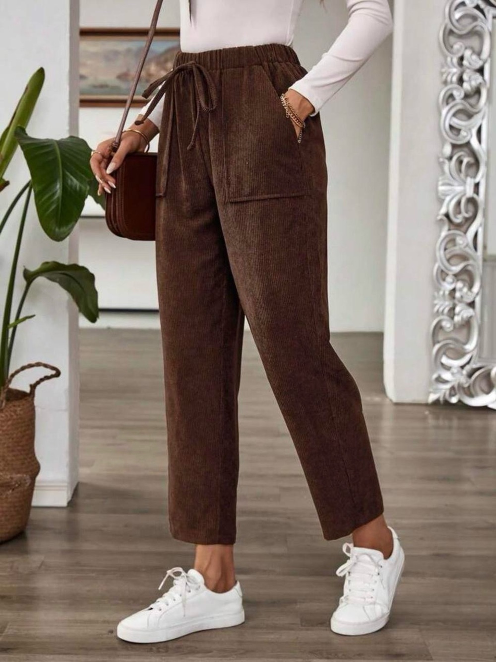 Corduroy Linen Drawstring Ankle Pants in Chocolate Brown